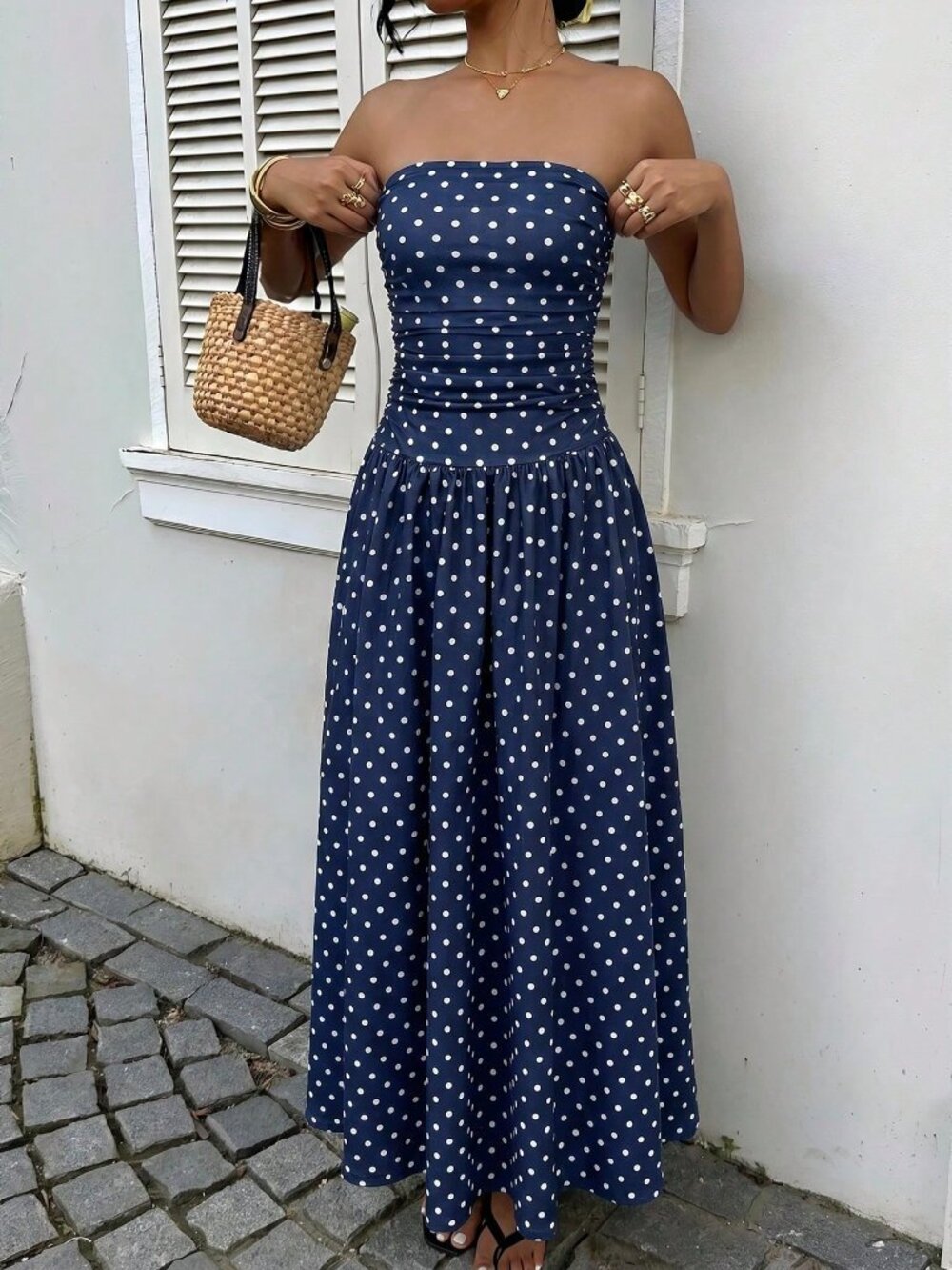 Navy Blue Casual Women's Polka Dot Print Vacation Dress - Picture 5 of 6